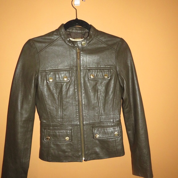 Michael Kors Green Leather Moto Jacket Fitted Cropped Design